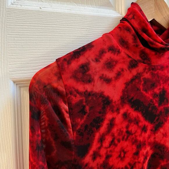 INC Red Black Tie Dye Turtleneck Lined Mesh Blouse Small Goth Vampire Romance - Picture 4 of 10